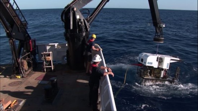 The ROV Deep Discoverer, after the first dive of the expedition. (c) NOAA Office of Ocean Exploration and Research
