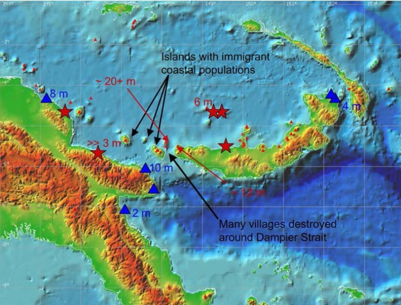 The work area of the expedition. The red stars are the villages that were destroyed by the Knights Island tsunami. The blue triangles show the places from which the tsunami was observed by German colonies.
(c) GEOMAR