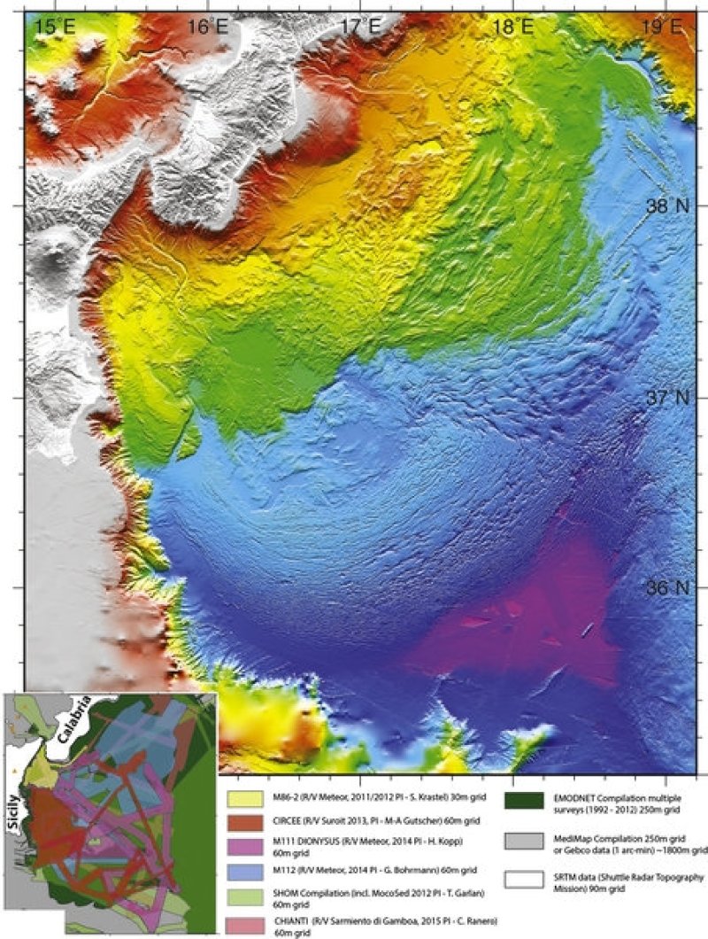 Topography of the seabed off the eastern coast of Sicily from data from various expeditions. Graphic: © Marc-André Gutscher, U. Brest