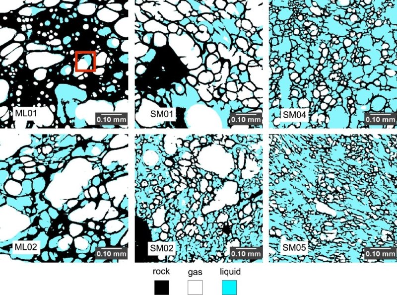 Concentrations of liquid and gas in samples of pumice stones are labeled in these images, produced by X-ray microtomography at Berkeley Lab’s Advanced Light Source.
(c) UC Berkeley, Berkeley Lab