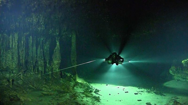 Diver (Bil Phillips, cave explorer) in Ox Bel Ha Cave System in the Yucatan Peninsula.
(c) HP Hartmann