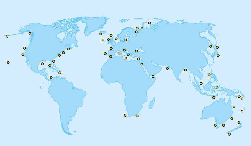 The map shows marine regions where Altmunition is documented. Due to the resolution of the map, each point may include several ammo bins
(c) C. Kersten / GEOMAR