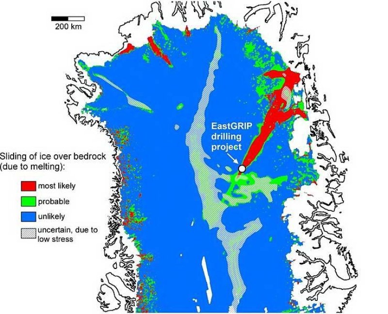 So far, it has been assumed that melt formation at the base of the ice sheet and the resulting gliding affects ca 50 percent of the area. Due to the new measurements, one has to assume that only a significantly smaller area is affected.
(c) Paul Bons, Ilka Weikusat