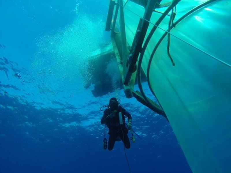 A diver next to a mesocosm off the coast of Gran Canaria. (c) Michael Sswat / GEOMAR