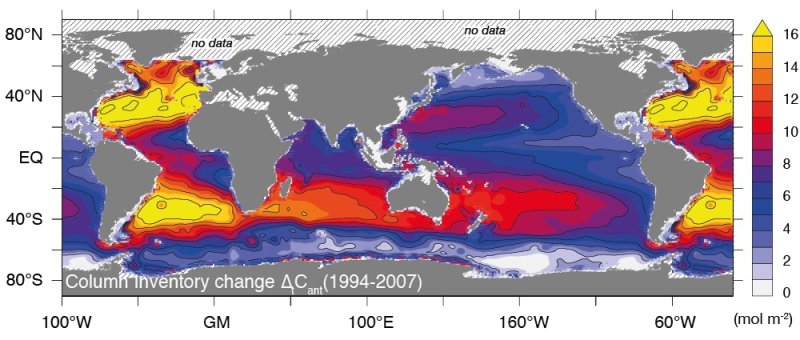 Increase of manmade CO₂ (column up to 3000 meters depth) in the oceans between 1994 and 2007. Areas with a high increase are coloured yellow,
(c) Gruber et al., Science, 2019