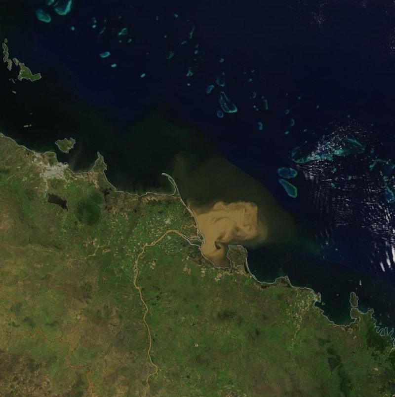 Summer flooding in Australia delivers significant freshwater runoff into the Coral Sea creating concerns over the impact to the adjacent Great Barrier Reef. (c) USGS/NASA Landsat
