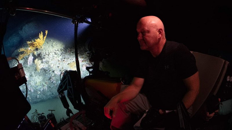 WHOI deep-sea biologist Tim Shank in the OceanX submersible Nadir diving in Lydonia Canyon. (c) Luis Lamar, National Geographic