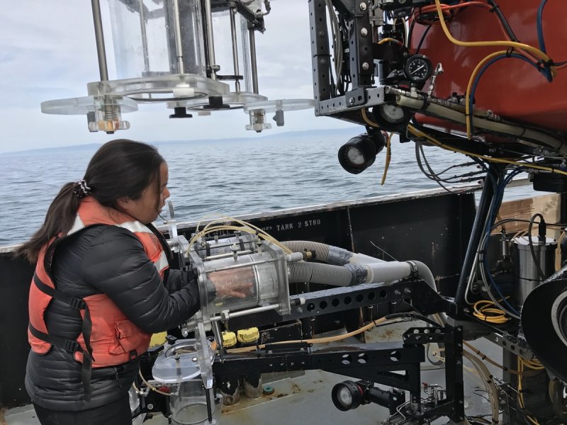 Former MBARI Postdoctoral Fellow Anela Choy led this study of microplastic. In this photo, she prepares a microplastic-sampling device mounted on MBARI’s remotely operated vehicle Ventana. (c) Susan von Thun, 2017 MBARI