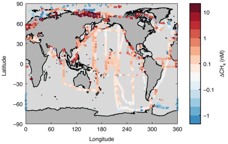 Distribution of ΔCH4 calculated from surface measurements, graphic: © Weber et al., 2019