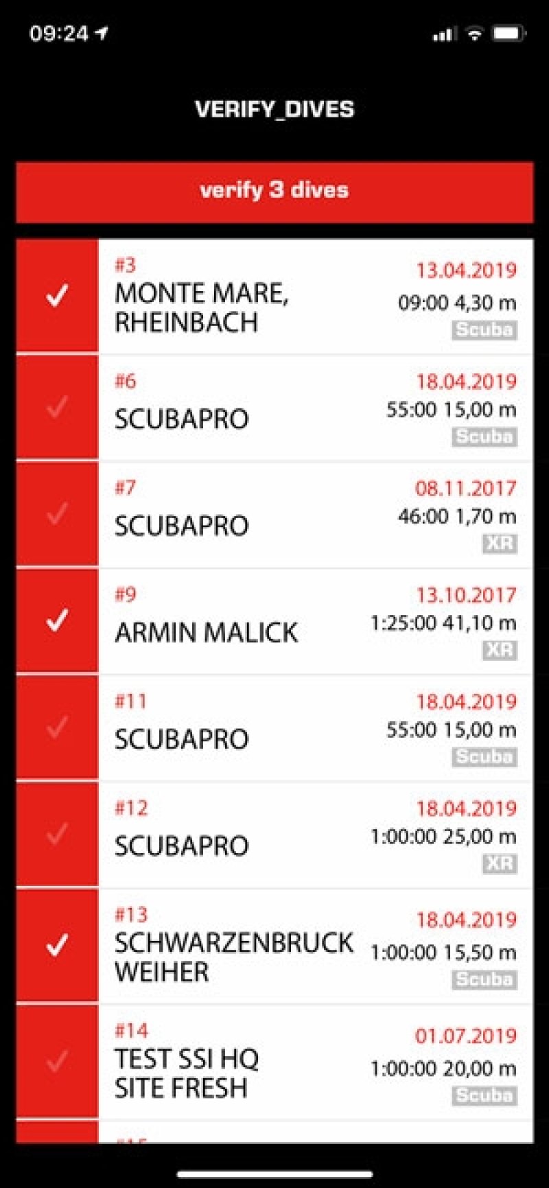 Choose the dives which you want to verify with the Universal QR Code Scanner