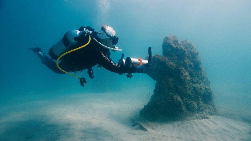 Diver using underwater photogrammetry to document a Guardians of the Reef structure